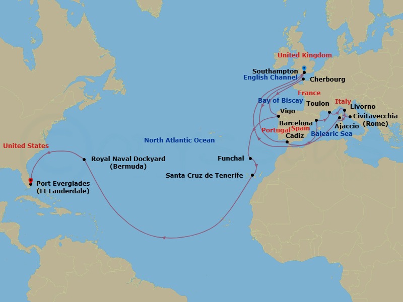 29 Night - Western Europe Grand Adventure - Sky Princess - Starting in Southampton (for London), England, Seville (Cadiz), Spain, Barcelona, Spain, Toulon / Provence (La Seyne), France, Livorno (for Florence / Pisa), Italy, Civitavecchia (for Rome), Italy, Corsica (Ajaccio), France, Southampton (for London), England, Cherbourg, France, Vigo, Spain (for Santiago de Compostela), Madeira (Funchal), Portugal, Santa Cruz de Tenerife, Bermuda, Fort Lauderdale, Florida itinerary map