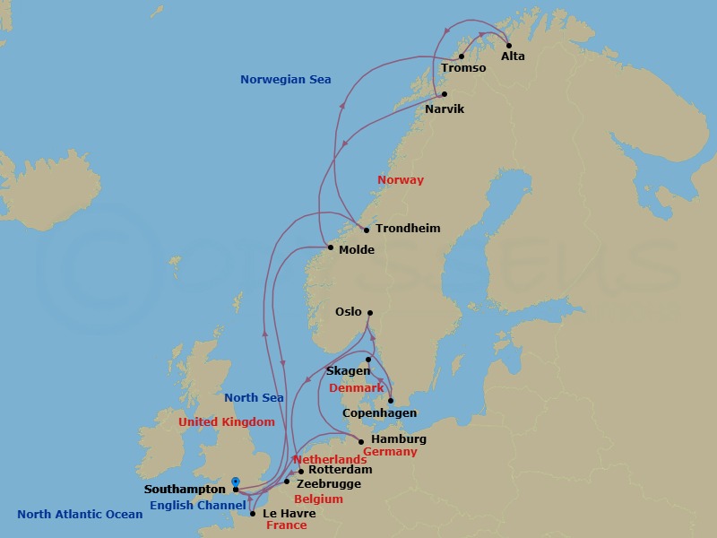 26 Night - Northern Lights & European Capitals Explorer - Majestic Princess - Starting in Southampton (for London), England, Hamburg, Germany (for Berlin), Copenhagen, Denmark, Skagen, Denmark, Oslo, Norway, Rotterdam, the Netherlands, Zeebrugge (for Brussels / Bruges), Belgium, Le Havre (for Paris / Normandy), France, Southampton (for London), England, Trondheim, Norway, Tromso, Norway, Alta, Norway, Narvik, Norway, Molde, Norway, Southampton (for London), England itinerary map