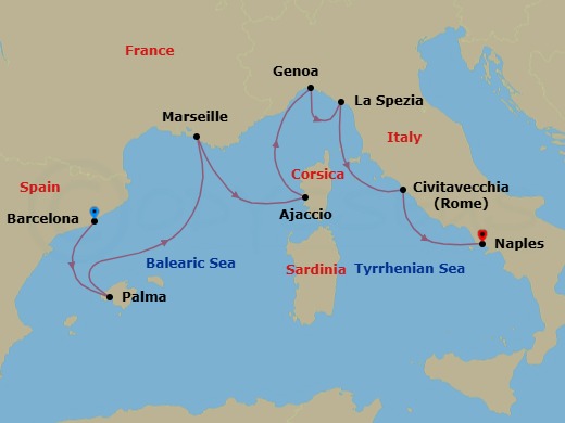 7 Night - Western Mediterranean with Italy - Sun Princess - Starting in Barcelona, Spain, Mallorca (Palma), Spain, Marseille (Provence), France, Corsica (Ajaccio), France, Genoa (for Cinque Terre), Italy, La Spezia (for Florence / Pisa), Italy, Civitavecchia (for Rome), Italy, Naples, Italy (for Capri and Pompeii) itinerary map