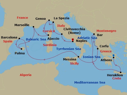14 Night - Western Mediterranean with Greece & Italy - Sun Princess - Starting in Athens (Piraeus), Greece, Crete (Heraklion), Greece, Montenegro, Corfu, Greece, Sicily (Messina), Italy, Barcelona, Spain, Mallorca (Palma), Spain, Marseille (Provence), France, Corsica (Ajaccio), France, Genoa (for Cinque Terre), Italy, La Spezia (for Florence / Pisa), Italy, Civitavecchia (for Rome), Italy, Naples, Italy (for Capri and Pompeii) itinerary map
