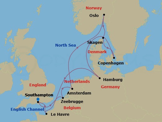 12 Night - Oktoberfest European Capitals - Majestic Princess - Starting in Southampton (for London), England, Zeebrugge (for Brussels / Bruges), Belgium, Amsterdam, Netherlands, Oslo, Norway, Skagen, Denmark, Copenhagen, Denmark, Hamburg, Germany (for Berlin), Le Havre (for Paris / Normandy), France, Southampton (for London), England itinerary map