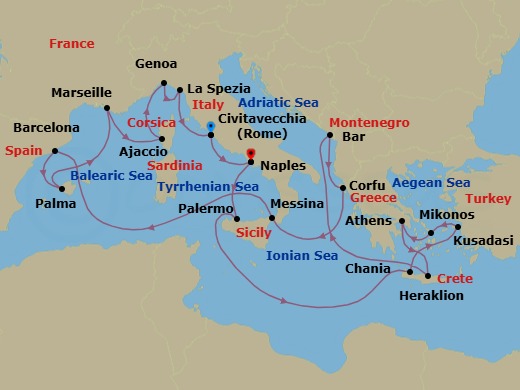 21 Night - The Best of the Mediterranean - Sun Princess - Starting in Civitavecchia (for Rome), Italy, Naples, Italy (for Capri and Pompeii), Sicily (Palermo), Italy, Crete (Chania), Greece, Kusadasi, Turkey (for Ephesus), Mykonos, Greece, Athens (Piraeus), Greece, Crete (Heraklion), Greece, Montenegro, Corfu, Greece, Sicily (Messina), Italy, Barcelona, Spain, Mallorca (Palma), Spain, Marseille (Provence), France, Corsica (Ajaccio), France, Genoa (for Cinque Terre), Italy, La Spezia (for Florence / Pisa), Italy, Civitavecchia (for Rome), Italy, Naples, Italy (for Capri and Pompeii) itinerary map