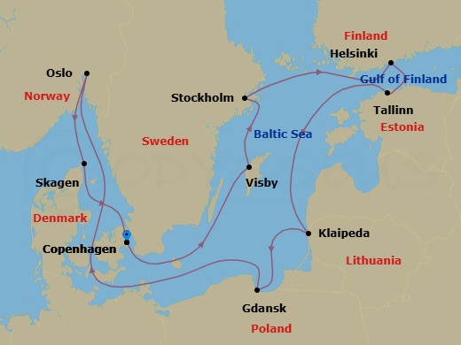 12 Night - Norway, Denmark & Sweden - Regal Princess - Starting in Copenhagen, Denmark, Visby, Sweden, Stockholm, Sweden, Helsinki, Finland, Tallinn, Estonia, Klaipeda, Lithuania, Gdansk (Gdynia), Poland, Oslo, Norway, Skagen, Denmark, Copenhagen, Denmark itinerary map
