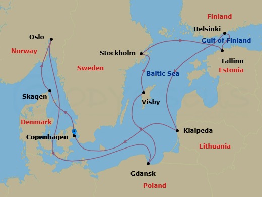 12 Night - Norway, Denmark & Sweden - Regal Princess - Starting in Copenhagen, Denmark, Skagen, Denmark, Oslo, Norway, Gdansk (Gdynia), Poland, Visby, Sweden, Stockholm, Sweden, Tallinn, Estonia, Helsinki, Finland, Klaipeda, Lithuania, Copenhagen, Denmark itinerary map