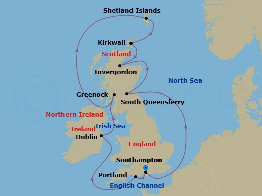 11 Night - Irish Counties & Scottish Shores - Majestic Princess - Starting in Southampton (for London), England, Portland UK, Dublin (Dun Laoghaire), Ireland, Glasgow (Greenock), Scotland, Shetland Islands (Lerwick), Scotland, Orkney Islands (Kirkwall), Scotland, Invergordon, Scotland, Edinburgh (South Queensferry), Scotland, Southampton (for London), England itinerary map
