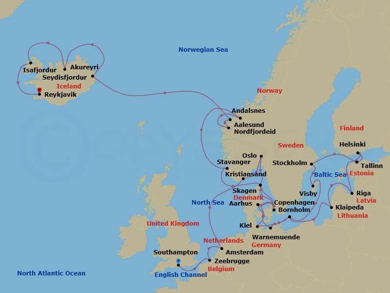 31 Night - Scandinavia & Viking Fjords Explorer - Caribbean Princess - Starting in Southampton (for London), England, Zeebrugge (for Brussels / Bruges), Belgium, Amsterdam, Netherlands, Kristiansand, Norway, Oslo, Norway, Skagen, Denmark, Copenhagen, Denmark, Aarhus, Denmark, Warnemunde (for Berlin), Germany, Bornholm, Denmark, Klaipeda, Lithuania, Riga, Latvia, Tallinn, Estonia, Helsinki, Finland, Tallinn, Estonia, Stockholm, Sweden, Visby, Sweden, Bornholm, Denmark, Kiel (Hamburg), Germany, Aarhus, Denmark, Copenhagen, Denmark, Skagen, Denmark, Stavanger, Norway, Andalsnes, Norway, Nordfjordeid, Norway, Alesund, Norway, Seydisfjordur, Iceland, Akureyri, Iceland, Isafjordur, Iceland, Reykjavik, Iceland itinerary map