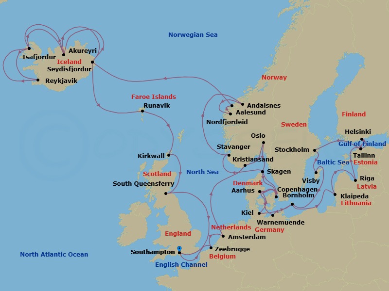 40 Night - Northern Europe Explorer - Caribbean Princess - Starting in Southampton (for London), England, Zeebrugge (for Brussels / Bruges), Belgium, Amsterdam, Netherlands, Kristiansand, Norway, Oslo, Norway, Skagen, Denmark, Copenhagen, Denmark, Aarhus, Denmark, Warnemunde (for Berlin), Germany, Bornholm, Denmark, Klaipeda, Lithuania, Riga, Latvia, Tallinn, Estonia, Helsinki, Finland, Tallinn, Estonia, Stockholm, Sweden, Visby, Sweden, Bornholm, Denmark, Kiel (Hamburg), Germany, Aarhus, Denmark, Copenhagen, Denmark, Skagen, Denmark, Stavanger, Norway, Andalsnes, Norway, Nordfjordeid, Norway, Alesund, Norway, Seydisfjordur, Iceland, Akureyri, Iceland, Isafjordur, Iceland, Reykjavik, Iceland, Isafjordur, Iceland, Akureyri, Iceland, Seydisfjordur, Iceland, Runavik, Faroe Islands, Orkney Islands (Kirkwall), Scotland, Edinburgh (South Queensferry), Scotland, Southampton (for London), England itinerary map