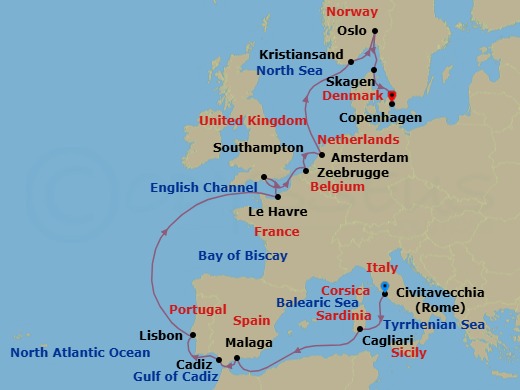 16 Night - Mediterranean & Northern Europe Explorer - Caribbean Princess - Starting in Civitavecchia (for Rome), Italy, Sardinia (Cagliari), Italy, Malaga, Spain, Seville (Cadiz), Spain, Lisbon, Portugal, Le Havre (for Paris / Normandy), France, Southampton (for London), England, Zeebrugge (for Brussels / Bruges), Belgium, Amsterdam, Netherlands, Kristiansand, Norway, Oslo, Norway, Skagen, Denmark, Copenhagen, Denmark itinerary map