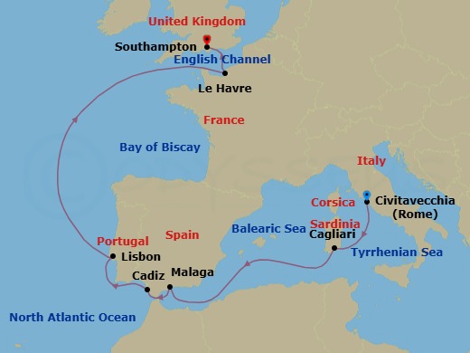9 Night - Western Europe - Caribbean Princess - Starting in Civitavecchia (for Rome), Italy, Sardinia (Cagliari), Italy, Malaga, Spain, Seville (Cadiz), Spain, Lisbon, Portugal, Le Havre (for Paris / Normandy), France, Southampton (for London), England itinerary map