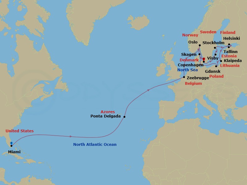 27 Night - Scandinavia & Baltic Grand Adventure - Regal Princess - Starting in Miami, Florida, Azores Islands (Ponta Delgada), Portugal, Zeebrugge (for Brussels / Bruges), Belgium, Oslo, Norway, Skagen, Denmark, Copenhagen, Denmark, Visby, Sweden, Stockholm, Sweden, Helsinki, Finland, Tallinn, Estonia, Klaipeda, Lithuania, Gdansk (Gdynia), Poland, Oslo, Norway, Skagen, Denmark, Copenhagen, Denmark itinerary map