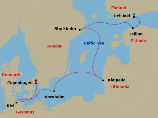 7 Night - Baltic Treasures - Caribbean Princess - Starting in Helsinki, Finland, Tallinn, Estonia, Stockholm, Sweden, Klaipeda, Lithuania, Bornholm, Denmark, Kiel (Hamburg), Germany, Copenhagen, Denmark itinerary map