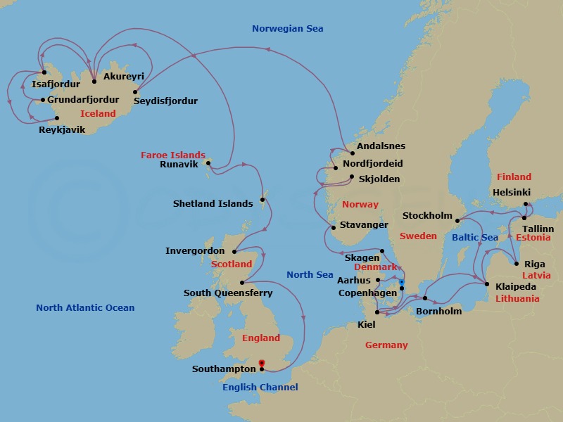 34 Night - Scandinavia, Iceland & British Isles Explorer - Caribbean Princess - Starting in Copenhagen, Denmark, Aarhus, Denmark, Kiel (Hamburg), Germany, Bornholm, Denmark, Klaipeda, Lithuania, Riga, Latvia, Tallinn, Estonia, Helsinki, Finland, Tallinn, Estonia, Stockholm, Sweden, Klaipeda, Lithuania, Bornholm, Denmark, Kiel (Hamburg), Germany, Copenhagen, Denmark, Skagen, Denmark, Stavanger, Norway, Skjolden / Sognefjord, Norway, Nordfjordeid, Norway, Andalsnes, Norway, Seydisfjordur, Iceland, Akureyri, Iceland, Isafjordur, Iceland, Reykjavik, Iceland, Grundarfjordur, Iceland, Isafjordur, Iceland, Akureyri, Iceland, Runavik, Faroe Islands, Shetland Islands (Lerwick), Scotland, Invergordon, Scotland, Edinburgh (South Queensferry), Scotland, Southampton (for London), England itinerary map