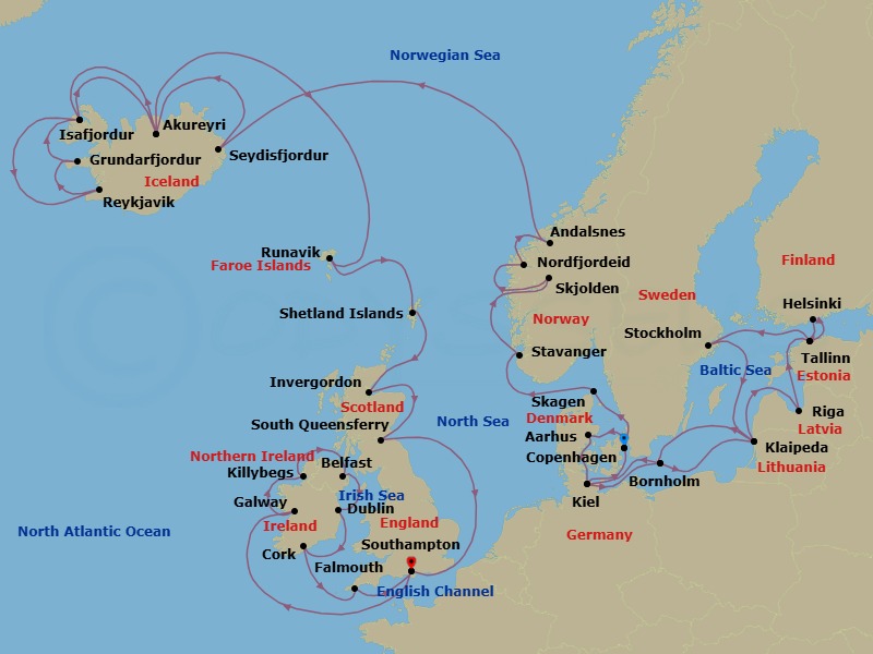 42 Night - Northern Europe Explorer - Caribbean Princess - Starting in Copenhagen, Denmark, Aarhus, Denmark, Kiel (Hamburg), Germany, Bornholm, Denmark, Klaipeda, Lithuania, Riga, Latvia, Tallinn, Estonia, Helsinki, Finland, Tallinn, Estonia, Stockholm, Sweden, Klaipeda, Lithuania, Bornholm, Denmark, Kiel (Hamburg), Germany, Copenhagen, Denmark, Skagen, Denmark, Stavanger, Norway, Skjolden / Sognefjord, Norway, Nordfjordeid, Norway, Andalsnes, Norway, Seydisfjordur, Iceland, Akureyri, Iceland, Isafjordur, Iceland, Reykjavik, Iceland, Grundarfjordur, Iceland, Isafjordur, Iceland, Akureyri, Iceland, Runavik, Faroe Islands, Shetland Islands (Lerwick), Scotland, Invergordon, Scotland, Edinburgh (South Queensferry), Scotland, Southampton (for London), England, Galway, Ireland, Killybegs, Ireland, Belfast, Northern Ireland, Dublin (Dun Laoghaire), Ireland, Cork, Ireland (Cobh / for Blarney Castle), Cornwall (Falmouth), England, Southampton (for London), England itinerary map