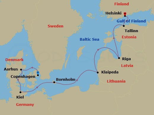 7 Night - Baltic Treasures - Caribbean Princess - Starting in Copenhagen, Denmark, Aarhus, Denmark, Kiel (Hamburg), Germany, Bornholm, Denmark, Klaipeda, Lithuania, Riga, Latvia, Tallinn, Estonia, Helsinki, Finland itinerary map