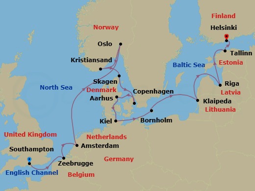 14 Night - Northern Capitals Adventure - Caribbean Princess - Starting in Southampton (for London), England, Zeebrugge (for Brussels / Bruges), Belgium, Amsterdam, Netherlands, Oslo, Norway, Kristiansand, Norway, Skagen, Denmark, Copenhagen, Denmark, Aarhus, Denmark, Kiel (Hamburg), Germany, Bornholm, Denmark, Klaipeda, Lithuania, Riga, Latvia, Tallinn, Estonia, Helsinki, Finland itinerary map