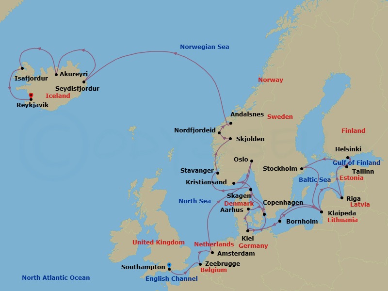 31 Night - Northern Capitals & Viking Fjords Explorer - Caribbean Princess - Starting in Southampton (for London), England, Zeebrugge (for Brussels / Bruges), Belgium, Amsterdam, Netherlands, Oslo, Norway, Kristiansand, Norway, Skagen, Denmark, Copenhagen, Denmark, Aarhus, Denmark, Kiel (Hamburg), Germany, Bornholm, Denmark, Klaipeda, Lithuania, Riga, Latvia, Tallinn, Estonia, Helsinki, Finland, Tallinn, Estonia, Stockholm, Sweden, Klaipeda, Lithuania, Bornholm, Denmark, Kiel (Hamburg), Germany, Copenhagen, Denmark, Skagen, Denmark, Stavanger, Norway, Skjolden / Sognefjord, Norway, Nordfjordeid, Norway, Andalsnes, Norway, Seydisfjordur, Iceland, Akureyri, Iceland, Isafjordur, Iceland, Reykjavik, Iceland itinerary map