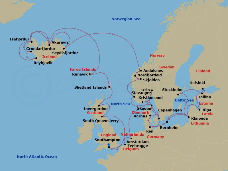 41 Night - Northern Europe Explorer - Caribbean Princess - Starting in Southampton (for London), England, Zeebrugge (for Brussels / Bruges), Belgium, Amsterdam, Netherlands, Oslo, Norway, Kristiansand, Norway, Skagen, Denmark, Copenhagen, Denmark, Aarhus, Denmark, Kiel (Hamburg), Germany, Bornholm, Denmark, Klaipeda, Lithuania, Riga, Latvia, Tallinn, Estonia, Helsinki, Finland, Tallinn, Estonia, Stockholm, Sweden, Klaipeda, Lithuania, Bornholm, Denmark, Kiel (Hamburg), Germany, Copenhagen, Denmark, Skagen, Denmark, Stavanger, Norway, Skjolden / Sognefjord, Norway, Nordfjordeid, Norway, Andalsnes, Norway, Seydisfjordur, Iceland, Akureyri, Iceland, Isafjordur, Iceland, Reykjavik, Iceland, Grundarfjordur, Iceland, Isafjordur, Iceland, Akureyri, Iceland, Runavik, Faroe Islands, Shetland Islands (Lerwick), Scotland, Invergordon, Scotland, Edinburgh (South Queensferry), Scotland, Southampton (for London), England itinerary map
