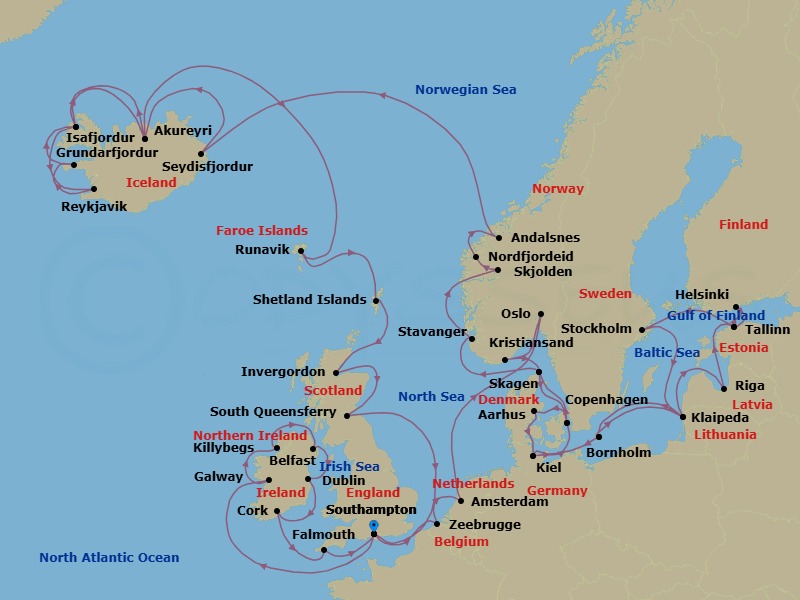 49 Night - Ultimate European Journey - Caribbean Princess - Starting in Southampton (for London), England, Zeebrugge (for Brussels / Bruges), Belgium, Amsterdam, Netherlands, Oslo, Norway, Kristiansand, Norway, Skagen, Denmark, Copenhagen, Denmark, Aarhus, Denmark, Kiel (Hamburg), Germany, Bornholm, Denmark, Klaipeda, Lithuania, Riga, Latvia, Tallinn, Estonia, Helsinki, Finland, Tallinn, Estonia, Stockholm, Sweden, Klaipeda, Lithuania, Bornholm, Denmark, Kiel (Hamburg), Germany, Copenhagen, Denmark, Skagen, Denmark, Stavanger, Norway, Skjolden / Sognefjord, Norway, Nordfjordeid, Norway, Andalsnes, Norway, Seydisfjordur, Iceland, Akureyri, Iceland, Isafjordur, Iceland, Reykjavik, Iceland, Grundarfjordur, Iceland, Isafjordur, Iceland, Akureyri, Iceland, Runavik, Faroe Islands, Shetland Islands (Lerwick), Scotland, Invergordon, Scotland, Edinburgh (South Queensferry), Scotland, Southampton (for London), England, Galway, Ireland, Killybegs, Ireland, Belfast, Northern Ireland, Dublin (Dun Laoghaire), Ireland, Cork, Ireland (Cobh / for Blarney Castle), Cornwall (Falmouth), England, Southampton (for London), England itinerary map