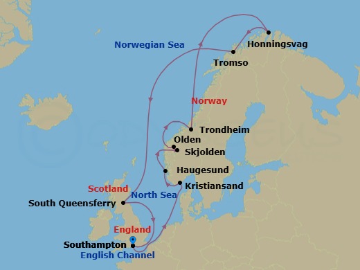 14 Night - Land of the Midnight Sun - Sky Princess - Starting in Southampton (for London), England, Kristiansand, Norway, Haugesund, Norway, Skjolden / Sognefjord, Norway, Olden, Norway, Trondheim, Norway, Honningsvag (for North Cape), Norway, Tromso, Norway, Edinburgh (South Queensferry), Scotland, Southampton (for London), England itinerary map