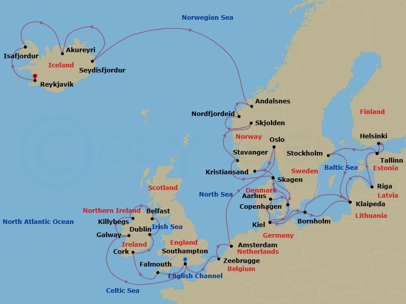 39 Night - Northern Europe Explorer - Caribbean Princess - Starting in Southampton (for London), England, Cornwall (Falmouth), England, Cork, Ireland (Cobh / for Blarney Castle), Dublin (Dun Laoghaire), Ireland, Belfast, Northern Ireland, Killybegs, Ireland, Galway, Ireland, Southampton (for London), England, Zeebrugge (for Brussels / Bruges), Belgium, Amsterdam, Netherlands, Oslo, Norway, Kristiansand, Norway, Skagen, Denmark, Copenhagen, Denmark, Aarhus, Denmark, Kiel (Hamburg), Germany, Bornholm, Denmark, Klaipeda, Lithuania, Riga, Latvia, Tallinn, Estonia, Helsinki, Finland, Tallinn, Estonia, Stockholm, Sweden, Klaipeda, Lithuania, Bornholm, Denmark, Kiel (Hamburg), Germany, Copenhagen, Denmark, Skagen, Denmark, Stavanger, Norway, Skjolden / Sognefjord, Norway, Nordfjordeid, Norway, Andalsnes, Norway, Seydisfjordur, Iceland, Akureyri, Iceland, Isafjordur, Iceland, Reykjavik, Iceland itinerary map