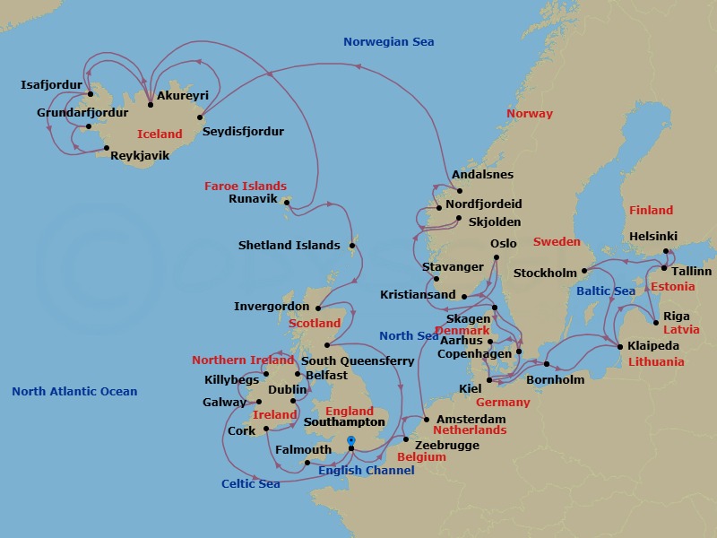 49 Night - Ultimate European Journey - Caribbean Princess - Starting in Southampton (for London), England, Cornwall (Falmouth), England, Cork, Ireland (Cobh / for Blarney Castle), Dublin (Dun Laoghaire), Ireland, Belfast, Northern Ireland, Killybegs, Ireland, Galway, Ireland, Southampton (for London), England, Zeebrugge (for Brussels / Bruges), Belgium, Amsterdam, Netherlands, Oslo, Norway, Kristiansand, Norway, Skagen, Denmark, Copenhagen, Denmark, Aarhus, Denmark, Kiel (Hamburg), Germany, Bornholm, Denmark, Klaipeda, Lithuania, Riga, Latvia, Tallinn, Estonia, Helsinki, Finland, Tallinn, Estonia, Stockholm, Sweden, Klaipeda, Lithuania, Bornholm, Denmark, Kiel (Hamburg), Germany, Copenhagen, Denmark, Skagen, Denmark, Stavanger, Norway, Skjolden / Sognefjord, Norway, Nordfjordeid, Norway, Andalsnes, Norway, Seydisfjordur, Iceland, Akureyri, Iceland, Isafjordur, Iceland, Reykjavik, Iceland, Grundarfjordur, Iceland, Isafjordur, Iceland, Akureyri, Iceland, Runavik, Faroe Islands, Shetland Islands (Lerwick), Scotland, Invergordon, Scotland, Edinburgh (South Queensferry), Scotland, Southampton (for London), England itinerary map