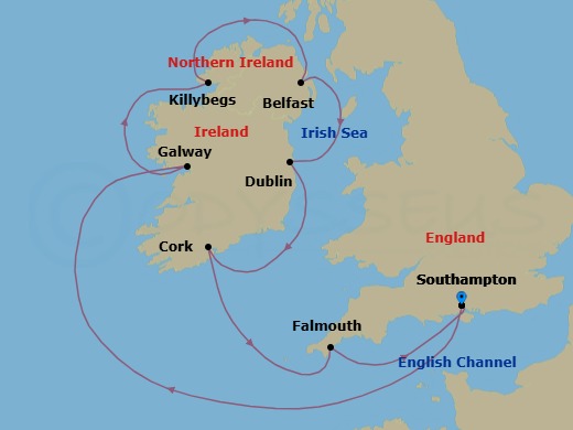 8 Night - Circle Ireland - Caribbean Princess - Starting in Southampton (for London), England, Galway, Ireland, Killybegs, Ireland, Belfast, Northern Ireland, Dublin (Dun Laoghaire), Ireland, Cork, Ireland (Cobh / for Blarney Castle), Cornwall (Falmouth), England, Southampton (for London), England itinerary map
