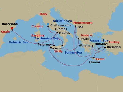 14 Night - Mediterranean with Greece, Turkey, & Adriatic - Sun Princess - Starting in Civitavecchia (for Rome), Italy, Naples, Italy (for Capri and Pompeii), Sicily (Palermo), Italy, Crete (Chania), Greece, Kusadasi, Turkey (for Ephesus), Mykonos, Greece, Athens (Piraeus), Greece, Montenegro, Corfu, Greece, Sicily (Messina), Italy, Naples, Italy (for Capri and Pompeii), Barcelona, Spain itinerary map