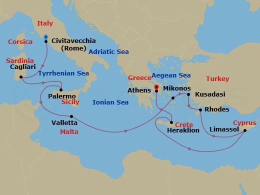 11 Night - Mediterranean with Greek Isles - Caribbean Princess - Starting in Civitavecchia (for Rome), Italy, Sardinia (Cagliari), Italy, Sicily (Palermo), Italy, Valletta, Malta, Mykonos, Greece, Kusadasi, Turkey (for Ephesus), Rhodes, Greece, Limassol, Cyprus, Crete (Heraklion), Greece, Athens (Piraeus), Greece itinerary map