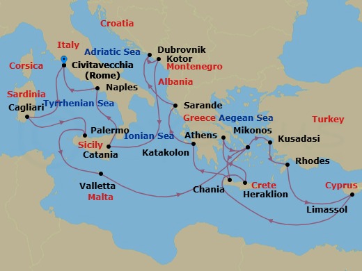 21 Night - The Best of the Mediterranean - Caribbean Princess - Starting in Civitavecchia (for Rome), Italy, Sardinia (Cagliari), Italy, Sicily (Palermo), Italy, Valletta, Malta, Mykonos, Greece, Kusadasi, Turkey (for Ephesus), Rhodes, Greece, Limassol, Cyprus, Crete (Heraklion), Greece, Athens (Piraeus), Greece, Mykonos, Greece, Crete (Chania), Greece, Katakolon (for Olympia), Greece, Sarande, Albania, Dubrovnik, Croatia, Kotor, Montenegro, Sicily (Catania), Italy, Naples, Italy (for Capri and Pompeii), Civitavecchia (for Rome), Italy itinerary map