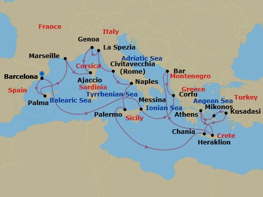 21 Night - The Best of the Mediterranean - Sun Princess - Starting in Barcelona, Spain, Mallorca (Palma), Spain, Marseille (Provence), France, Corsica (Ajaccio), France, Genoa (for Cinque Terre), Italy, La Spezia (for Florence / Pisa), Italy, Civitavecchia (for Rome), Italy, Naples, Italy (for Capri and Pompeii), Sicily (Palermo), Italy, Crete (Chania), Greece, Kusadasi, Turkey (for Ephesus), Mykonos, Greece, Athens (Piraeus), Greece, Crete (Heraklion), Greece, Montenegro, Corfu, Greece, Sicily (Messina), Italy, Barcelona, Spain itinerary map