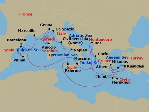 21 Night - The Best of the Mediterranean - Sun Princess - Starting in Barcelona, Spain, Mallorca (Palma), Spain, Marseille (Provence), France, Genoa (for Cinque Terre), Italy, Corsica (Ajaccio), France, La Spezia (for Florence / Pisa), Italy, Civitavecchia (for Rome), Italy, Naples, Italy (for Capri and Pompeii), Sicily (Palermo), Italy, Crete (Chania), Greece, Kusadasi, Turkey (for Ephesus), Mykonos, Greece, Athens (Piraeus), Greece, Crete (Heraklion), Greece, Montenegro, Corfu, Greece, Sicily (Messina), Italy, Barcelona, Spain itinerary map