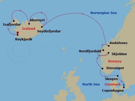 10 Night - Norwegian & Icelandic Fjords - Caribbean Princess - Starting in Copenhagen, Denmark, Skagen, Denmark, Stavanger, Norway, Skjolden / Sognefjord, Norway, Nordfjordeid, Norway, Andalsnes, Norway, Seydisfjordur, Iceland, Akureyri, Iceland, Isafjordur, Iceland, Reykjavik, Iceland itinerary map
