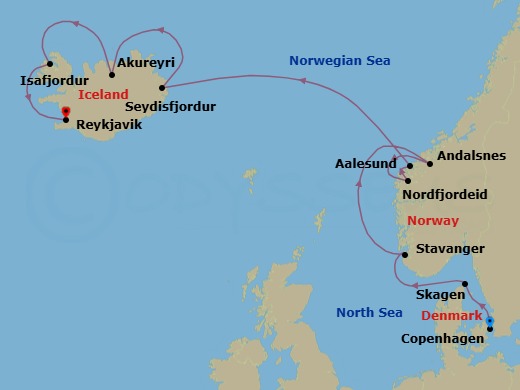 10 Night - Norwegian & Icelandic Fjords - Caribbean Princess - Starting in Copenhagen, Denmark, Skagen, Denmark, Stavanger, Norway, Andalsnes, Norway, Nordfjordeid, Norway, Alesund, Norway, Seydisfjordur, Iceland, Akureyri, Iceland, Isafjordur, Iceland, Reykjavik, Iceland itinerary map