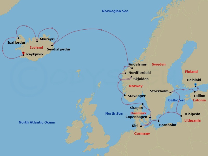 17 Night - Scandinavia, Norway & Iceland Adventure - Caribbean Princess - Starting in Helsinki, Finland, Tallinn, Estonia, Stockholm, Sweden, Klaipeda, Lithuania, Bornholm, Denmark, Kiel (Hamburg), Germany, Copenhagen, Denmark, Skagen, Denmark, Stavanger, Norway, Skjolden / Sognefjord, Norway, Nordfjordeid, Norway, Andalsnes, Norway, Seydisfjordur, Iceland, Akureyri, Iceland, Isafjordur, Iceland, Reykjavik, Iceland itinerary map
