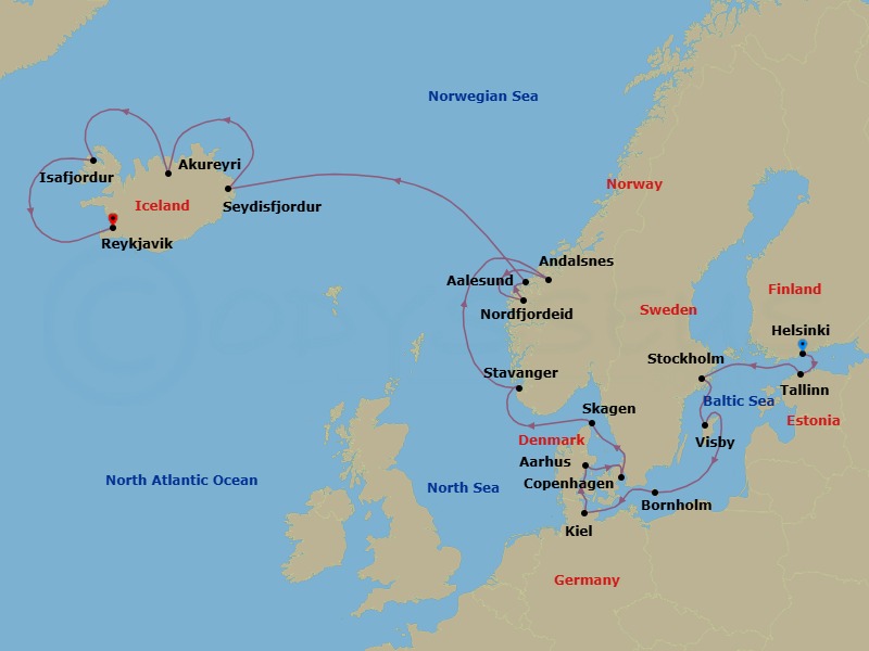 17 Night - Scandinavia, Norway & Iceland Adventure - Caribbean Princess - Starting in Helsinki, Finland, Tallinn, Estonia, Stockholm, Sweden, Visby, Sweden, Bornholm, Denmark, Kiel (Hamburg), Germany, Aarhus, Denmark, Copenhagen, Denmark, Skagen, Denmark, Stavanger, Norway, Andalsnes, Norway, Nordfjordeid, Norway, Alesund, Norway, Seydisfjordur, Iceland, Akureyri, Iceland, Isafjordur, Iceland, Reykjavik, Iceland itinerary map