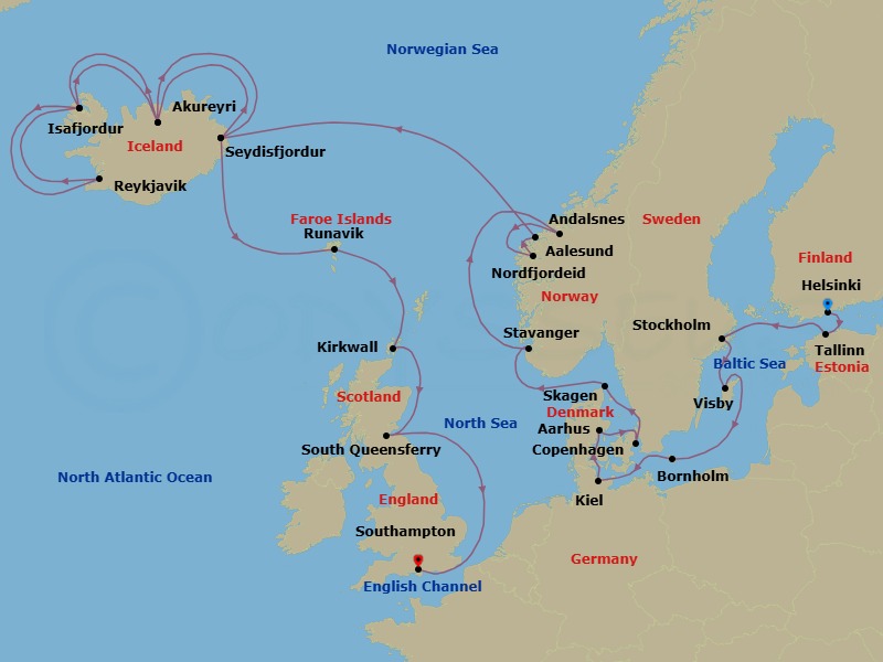 26 Night - Scandinavia & Viking Fjords Explorer - Caribbean Princess - Starting in Helsinki, Finland, Tallinn, Estonia, Stockholm, Sweden, Visby, Sweden, Bornholm, Denmark, Kiel (Hamburg), Germany, Aarhus, Denmark, Copenhagen, Denmark, Skagen, Denmark, Stavanger, Norway, Andalsnes, Norway, Nordfjordeid, Norway, Alesund, Norway, Seydisfjordur, Iceland, Akureyri, Iceland, Isafjordur, Iceland, Reykjavik, Iceland, Isafjordur, Iceland, Akureyri, Iceland, Seydisfjordur, Iceland, Runavik, Faroe Islands, Orkney Islands (Kirkwall), Scotland, Edinburgh (South Queensferry), Scotland, Southampton (for London), England itinerary map