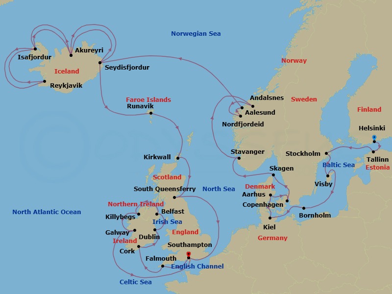 34 Night - Scandinavia, Iceland & British Isles Explorer - Caribbean Princess - Starting in Helsinki, Finland, Tallinn, Estonia, Stockholm, Sweden, Visby, Sweden, Bornholm, Denmark, Kiel (Hamburg), Germany, Aarhus, Denmark, Copenhagen, Denmark, Skagen, Denmark, Stavanger, Norway, Andalsnes, Norway, Nordfjordeid, Norway, Alesund, Norway, Seydisfjordur, Iceland, Akureyri, Iceland, Isafjordur, Iceland, Reykjavik, Iceland, Isafjordur, Iceland, Akureyri, Iceland, Seydisfjordur, Iceland, Runavik, Faroe Islands, Orkney Islands (Kirkwall), Scotland, Edinburgh (South Queensferry), Scotland, Southampton (for London), England, Cornwall (Falmouth), England, Cork, Ireland (Cobh / for Blarney Castle), Dublin (Dun Laoghaire), Ireland, Belfast, Northern Ireland, Killybegs, Ireland, Galway, Ireland, Southampton (for London), England itinerary map