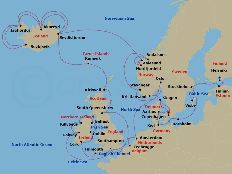 41 Night - Northern Europe Explorer - Caribbean Princess - Starting in Helsinki, Finland, Tallinn, Estonia, Stockholm, Sweden, Visby, Sweden, Bornholm, Denmark, Kiel (Hamburg), Germany, Aarhus, Denmark, Copenhagen, Denmark, Skagen, Denmark, Stavanger, Norway, Andalsnes, Norway, Nordfjordeid, Norway, Alesund, Norway, Seydisfjordur, Iceland, Akureyri, Iceland, Isafjordur, Iceland, Reykjavik, Iceland, Isafjordur, Iceland, Akureyri, Iceland, Seydisfjordur, Iceland, Runavik, Faroe Islands, Orkney Islands (Kirkwall), Scotland, Edinburgh (South Queensferry), Scotland, Southampton (for London), England, Cornwall (Falmouth), England, Cork, Ireland (Cobh / for Blarney Castle), Dublin (Dun Laoghaire), Ireland, Belfast, Northern Ireland, Killybegs, Ireland, Galway, Ireland, Southampton (for London), England, Zeebrugge (for Brussels / Bruges), Belgium, Amsterdam, Netherlands, Oslo, Norway, Kristiansand, Norway, Skagen, Denmark, Copenhagen, Denmark itinerary map
