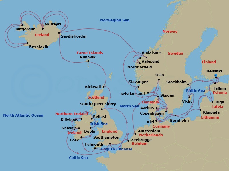 48 Night - Ultimate European Journey - Caribbean Princess - Starting in Helsinki, Finland, Tallinn, Estonia, Stockholm, Sweden, Visby, Sweden, Bornholm, Denmark, Kiel (Hamburg), Germany, Aarhus, Denmark, Copenhagen, Denmark, Skagen, Denmark, Stavanger, Norway, Andalsnes, Norway, Nordfjordeid, Norway, Alesund, Norway, Seydisfjordur, Iceland, Akureyri, Iceland, Isafjordur, Iceland, Reykjavik, Iceland, Isafjordur, Iceland, Akureyri, Iceland, Seydisfjordur, Iceland, Runavik, Faroe Islands, Orkney Islands (Kirkwall), Scotland, Edinburgh (South Queensferry), Scotland, Southampton (for London), England, Cornwall (Falmouth), England, Cork, Ireland (Cobh / for Blarney Castle), Dublin (Dun Laoghaire), Ireland, Belfast, Northern Ireland, Killybegs, Ireland, Galway, Ireland, Southampton (for London), England, Zeebrugge (for Brussels / Bruges), Belgium, Amsterdam, Netherlands, Oslo, Norway, Kristiansand, Norway, Skagen, Denmark, Copenhagen, Denmark, Aarhus, Denmark, Kiel (Hamburg), Germany, Bornholm, Denmark, Klaipeda, Lithuania, Riga, Latvia, Tallinn, Estonia, Helsinki, Finland itinerary map