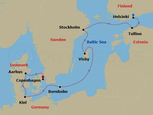 7 Night - Baltic Treasures - Caribbean Princess - Starting in Helsinki, Finland, Tallinn, Estonia, Stockholm, Sweden, Visby, Sweden, Bornholm, Denmark, Kiel (Hamburg), Germany, Aarhus, Denmark, Copenhagen, Denmark itinerary map