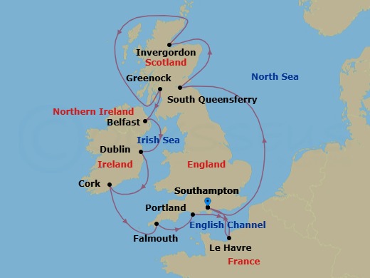 12 Night - British Isles with France & Belfast - Majestic Princess - Starting in Southampton (for London), England, Edinburgh (South Queensferry), Scotland, Invergordon, Scotland, Glasgow (Greenock), Scotland, Belfast, Northern Ireland, Dublin (Dun Laoghaire), Ireland, Cork, Ireland (Cobh / for Blarney Castle), Cornwall (Falmouth), England, Portland UK, Le Havre (for Paris / Normandy), France, Southampton (for London), England itinerary map