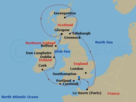 12 Night - British Isles with France & Belfast - Majestic Princess - Starting in Southampton (for London), England, Portland UK, Cornwall (Falmouth), England, Cork, Ireland (Ringaskiddy / for Blarney Castle), Dublin (Dun Laoghaire), Ireland, Belfast, Northern Ireland, Glasgow (Greenock), Scotland, Invergordon, Scotland, Edinburgh (South Queensferry), Scotland, Le Havre (for Paris / Normandy), France, Southampton (for London), England itinerary map