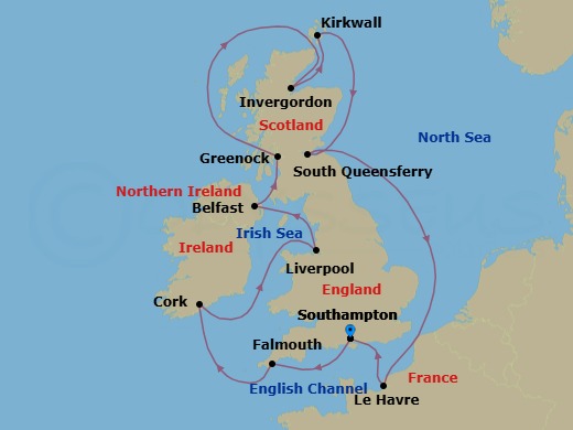 12 Night - British Isles with France & Belfast - Majestic Princess - Starting in Southampton (for London), England, Cornwall (Falmouth), England, Cork, Ireland (Ringaskiddy / for Blarney Castle), Liverpool, England, Belfast, Northern Ireland, Glasgow (Greenock), Scotland, Invergordon, Scotland, Orkney Islands (Kirkwall), Scotland, Edinburgh (South Queensferry), Scotland, Le Havre (for Paris / Normandy), France, Southampton (for London), England itinerary map