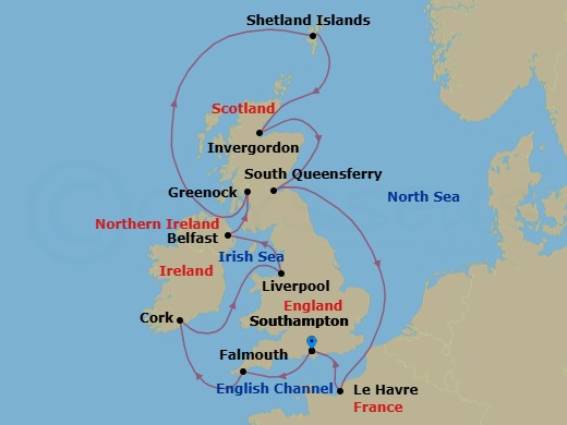 12 Night - British Isles with France & Belfast - Majestic Princess - Starting in Southampton (for London), England, Cornwall (Falmouth), England, Cork, Ireland (Ringaskiddy / for Blarney Castle), Liverpool, England, Belfast, Northern Ireland, Glasgow (Greenock), Scotland, Shetland Islands (Lerwick), Scotland, Invergordon, Scotland, Edinburgh (South Queensferry), Scotland, Le Havre (for Paris / Normandy), France, Southampton (for London), England itinerary map