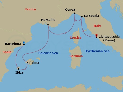 7 Night - Western Mediterranean with Italy - Sun Princess - Starting in Barcelona, Spain, Ibiza, Spain, Mallorca (Palma), Spain, Marseille (Provence), France, Genoa (for Cinque Terre), Italy, La Spezia (for Florence / Pisa), Italy, Civitavecchia (for Rome), Italy itinerary map