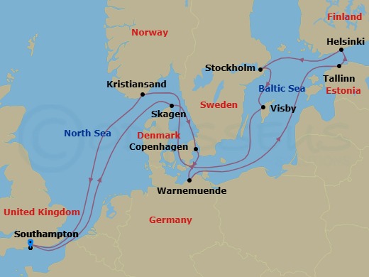 14 Night - Baltic Heritage - Sky Princess - Starting in Southampton (for London), England, Skagen, Denmark, Copenhagen, Denmark, Warnemunde (for Berlin), Germany, Tallinn, Estonia, Helsinki, Finland, Stockholm, Sweden, Visby, Sweden, Kristiansand, Norway, Southampton (for London), England itinerary map