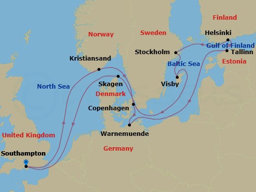 14 Night - Baltic Heritage - Sky Princess - Starting in Southampton (for London), England, Kristiansand, Norway, Copenhagen, Denmark, Warnemunde (for Berlin), Germany, Tallinn, Estonia, Helsinki, Finland, Stockholm, Sweden, Visby, Sweden, Skagen, Denmark, Southampton (for London), England itinerary map