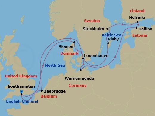 14 Night - Baltic Heritage - Sky Princess - Starting in Southampton (for London), England, Skagen, Denmark, Copenhagen, Denmark, Warnemunde (for Berlin), Germany, Tallinn, Estonia, Helsinki, Finland, Stockholm, Sweden, Visby, Sweden, Zeebrugge (for Brussels / Bruges), Belgium, Southampton (for London), England itinerary map