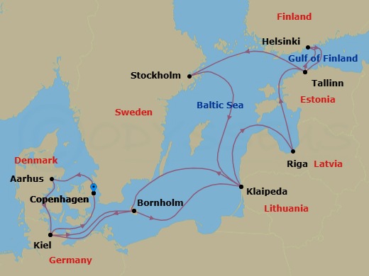 14 Night - Baltic Treasures Adventure - Caribbean Princess - Starting in Copenhagen, Denmark, Aarhus, Denmark, Kiel (Hamburg), Germany, Bornholm, Denmark, Klaipeda, Lithuania, Riga, Latvia, Tallinn, Estonia, Helsinki, Finland, Tallinn, Estonia, Stockholm, Sweden, Klaipeda, Lithuania, Bornholm, Denmark, Kiel (Hamburg), Germany, Copenhagen, Denmark itinerary map