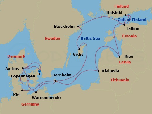 14 Night - Baltic Treasures Adventure - Caribbean Princess - Starting in Copenhagen, Denmark, Aarhus, Denmark, Warnemunde (for Berlin), Germany, Bornholm, Denmark, Klaipeda, Lithuania, Riga, Latvia, Tallinn, Estonia, Helsinki, Finland, Tallinn, Estonia, Stockholm, Sweden, Visby, Sweden, Bornholm, Denmark, Kiel (Hamburg), Germany, Aarhus, Denmark, Copenhagen, Denmark itinerary map